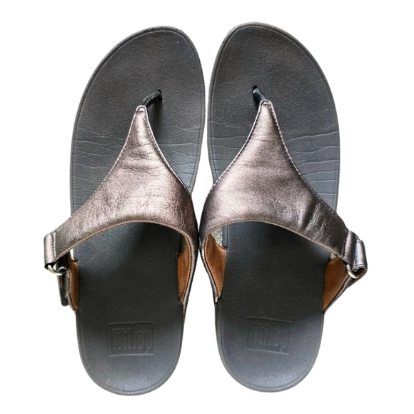 Fitflop Sarna Thongs T-Strap Wedge Low Heel Slip On Leather Sandal Metallic 41/9 - Picture 1 of 4